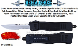 Delta Force DFMDPSBKS Drop Point, Blade OTF Tactical Black Reinforced Zinc Alloy Housing, Powder Coated Comfort Grip Handle Automatic Pocket Knife. 7" Overall 2-5/8" Stainless Steel, Heat Treated Stainless Steel, Sliver Serrated Blade w/Sheath