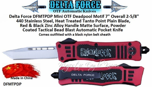 Delta Force DFMTPDP Mini OTF Deadpool Motif 7" Overall 2-5/8" 440 Stainless Steel, Heat Treated Tanto Point Plain Blade, Red & Black Zinc Alloy Handle Matte Surface, Powder Coated Tactical Bead Blast Automatic Pocket Knife