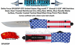 Delta Force DFUSFDP United States Flag Motif OTF Drop Point Automatic Pocket Knife 9" Overall 3-1/2" 440 Stainless Steel Satin Plain Blade Delta Force DFUSFDP United States Flag Motif OTF Drop Point Automatic Pocket Knife 9" Overall 3-1/2" 440 Stainless Steel Satin Plain Blade