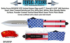 Delta Force DFUSFSP United States Flag Motif OTF Spear Point Automatic Pocket Knife 9" Overall 3-1/2" 440 Stainless Steel Satin Plain Blade Delta Force DFUSFSP United States Flag Motif OTF Spear Point Automatic Pocket Knife 9" Overall 3-1/2" 440 Stainless Steel Satin Plain Blade