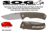 SOG Knives SOG-14-06-08-43 Tellus FLK Flipper Pocket Knife 4-3/4" Closed 3-5/8" CRYO 440C Stonewashed Clip Point, OD Green GRN Handles, Frame Lock
