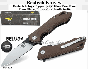 Bestech Knives BG11C-1 Bestech Beluga Flipper Knife 3.25" Black Two-Tone Blade, Brown G10 Handle Knife