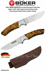 Boker Cutlery Boker BOK120535TH Tree Brand Integral Fixed Plain Blade 3-3/8" 440C Stainless Steel Hunter Knife Thuya Wood Handle Brown Leather Sheath