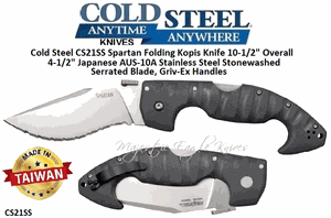 Cold Steel CS21SS Spartan Folding Kopis Knife 10-1/2" Overall 4-1/2" Japanese AUS-10A Stainless Steel Stonewashed Serrated Blade, Griv-Ex Handles