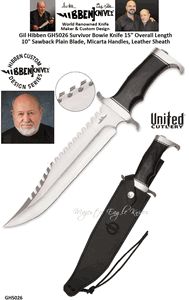 United Cutlery Presents Gil Hibben GH5026 Survivor Bowie Knife 15� Overall Length 10" Sawback Plain Blade, Micarta Handles, Leather Sheath 