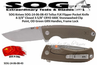 SOG Knives SOG-14-06-08-43 Tellus FLK Flipper Pocket Knife 4-3/4" Closed 3-5/8" CRYO 440C Stonewashed Clip Point, OD Green GRN Handles, Frame Lock