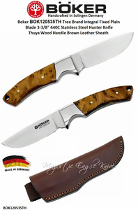 Boker Cutlery Boker BOK120535TH Tree Brand Integral Fixed Plain Blade 3-3/8" 440C Stainless Steel Hunter Knife Thuya Wood Handle Brown Leather Sheath Boker Cutlery Boker BOK120535TH Tree Brand Integral Fixed Plain Blade 3-3/8" 440C Stainless Steel Hunter Knife Thuya Wood Handle Brown Leather Sheath