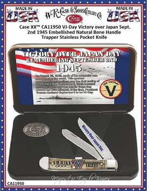 W.R. Case & Sons Cutlery CA11950 Case XX� VJ-DAY Embossed Natural Bone Handle Trapper Stainless Steel Pocket Knife 