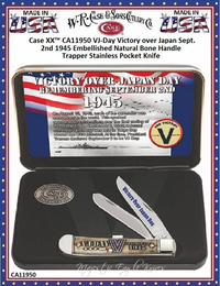 W.R. Case & Sons Cutlery CA11950 Case XX™ VJ-DAY Embossed Natural Bone Handle Trapper Stainless Steel Pocket Knife W.R. Case & Sons Cutlery CA11950 Case XX™ VJ-DAY Embossed Natural Bone Handle Trapper Stainless Steel Pocket Knife