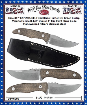 W.R. Case & Sons Cutlery​ Case XX™ CA76935 CT1 Fixed Blade Hunter OD Green Burlap Micarta Handle 8-1/2" Overall 4" Clip Point Plane Blade Stonewashed Nitro-V Stainless Steel Pocket Knife W.R. Case & Sons Cutlery​ Case XX™ CA76935 CT1 Fixed Blade Hunter OD Green Burlap Micarta Handle 8-1/2" Overall 4" Clip Point Plane Blade Stonewashed Nitro-V Stainless Steel Pocket Knife