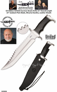 United Cutlery Presents Gil Hibben GH5026 Survivor Bowie Knife 15 Overall Length 10" Sawback Plain Blade, Micarta Handles, Leather Sheath United Cutlery Presents Gil Hibben GH5026 Survivor Bowie Knife 15 Overall Length 10" Sawback Plain Blade, Micarta Handles, Leather Sheath