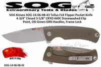 SOG Knives SOG-14-06-08-43 Tellus FLK Flipper Pocket Knife 4-3/4" Closed 3-5/8" CRYO 440C Stonewashed Clip Point, OD Green GRN Handles, Frame Lock