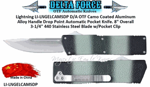 Delta Force LI-LNGELCAMSDP Lightning D/A OTF Camo Coated Aluminum Alloy Handle Drop Point Automatic Pocket Knife. 8" Overall 3-1/4" 440 Stainless Steel Plain Blade w/Pocket Clip, Comes Outfitted with a Black Nylon Belt Sheath
