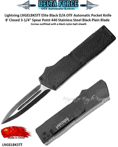 Delta Force LNGELBKSTT Lightning D/A OTF Black Aluminum Alloy Handle Spear Point Automatic Pocket Knife. 8" Overall 3-1/4" 440 Stainless Steel Satin Black Plain Blade w/Sheath