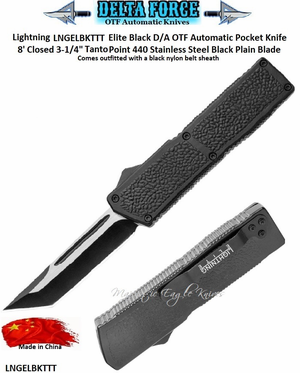 Delta Force LNGELBKTTT Lightning D/A OTF Black Aluminum Alloy Handle Tanto Point Automatic Pocket Knife. 8" Overall 3-1/4" 440 Stainless Steel Satin Black Plain Blade w/Sheath