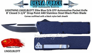 Delta Force LNGELBLDTT Lightning D/A OTF Blue Aluminum Alloy Handle Drop Point Automatic Pocket Knife. 8" Overall 3-1/4" 440 Stainless Steel Silver/Black Plain Blade w/Sheath Delta Force LNGELBLDTT Lightning D/A OTF Blue Aluminum Alloy Handle Drop Point Automatic Pocket Knife. 8" Overall 3-1/4" 440 Stainless Steel Silver/Black Plain Blade w/Sheath