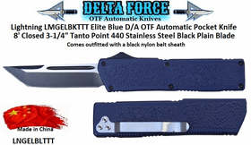 Delta Force LNGELBLTTT Lightning D/A OTF Blue Aluminum Alloy Handle Tanto Point Automatic Pocket Knife. 8" Overall 3-1/4" 440 Stainless Steel Silver/Black Plain Blade w/Sheath