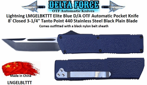 Delta Force LNGELBLTTT Lightning D/A OTF Blue Aluminum Alloy Handle Tanto Point Automatic Pocket Knife. 8" Overall 3-1/4" 440 Stainless Steel Silver/Black Plain Blade w/Sheath Delta Force LNGELBLTTT Lightning D/A OTF Blue Aluminum Alloy Handle Tanto Point Automatic Pocket Knife. 8" Overall 3-1/4" 440 Stainless Steel Silver/Black Plain Blade w/Sheath