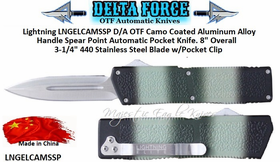 Delta Force LNGELCAMSSP Lightning  D/A OTF Camo Coated Aluminum Alloy Handle Spear Point Automatic Pocket Knife. 8" Overall 3-1/4" 440 Stainless Steel Plain Blade w/Belt Sheath