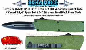 Delta Force LNGELGNSTT Lightning D/A OTF Green Aluminum Alloy Handle Spear Point Automatic Pocket Knife. 8" Overall 3-1/4" 440 Stainless Steel Silver/Black Plain Blade w/Sheath