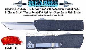 Delta Force LNGELGRT Lightning D/A OTF Green Aluminum Alloy Handle Tanto Point Automatic Pocket Knife. 8" Overall 3-1/4" 440 Stainless Plain Blade w/Sheath