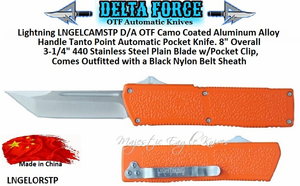 Delta Force LNGELORSTP Lightning D/A OTF Orange Coated Aluminum Alloy Handle Tanto Point Automatic Pocket Knife. 8" Overall 3-1/4" 440 Stainless Steel Plain Blade w/Sheath Delta Force LNGELORSTP Lightning D/A OTF Orange Coated Aluminum Alloy Handle Tanto Point Automatic Pocket Knife. 8" Overall 3-1/4" 440 Stainless Steel Plain Blade w/Sheath