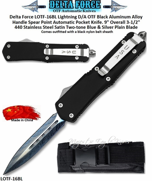 Delta Force LOTF-16BL Lightning D/A OTF Green Aluminum Alloy Handle Tanto Point Automatic Pocket Knife. 8" Overall 3-1/4" 440 Stainless Plain Blade w/Sheath