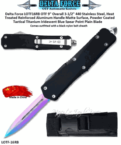 Delta Force LOTF-16RB Full Size Dagger Point OTF Tactical  Black Reinforced Aluminum Housing, Matte Surface, Powder Coated Handle Spear Point Automatic Pocket Knife. 9" Overall 3-1/2" Stainless Steel, Heat Treated Two-tone Titanium & Silver Plain Blade w/Sheath