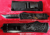 Delta Force LOTF116SW Tanto Point American Eagle/Indian Chief Swift OTF Tactical Reinforced Aluminum Housing, Matte Surface, Powder Coated Handle Automatic Pocket Knife. 9" Overall 3-1/2" Stainless Steel, Heat Treated Two-tone Black & Silver Plain Blade w/Sheath