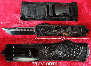 Delta Force LOTF116SW Tanto Point American Eagle/Indian Chief Swift OTF Tactical Reinforced Aluminum Housing, Matte Surface, Powder Coated Handle Automatic Pocket Knife. 9" Overall 3-1/2" Stainless Steel, Heat Treated Two-tone Black & Silver Plain Blade w/Sheath
