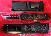 Delta Force LOTF116SW Tanto Point American Eagle/Indian Chief Swift OTF Tactical Reinforced Aluminum Housing, Matte Surface, Powder Coated Handle Automatic Pocket Knife. 9" Overall 3-1/2" Stainless Steel, Heat Treated Two-tone Black & Silver Plain Blade w/Sheath