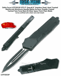 Delta Force LOTF201SP Spear Point, Double Edged Dagger Blade OTF Tactical Black Reinforced Aluminum Housing, Powder Coated Comfort Grip Handle Automatic Pocket Knife. 9" Overall 4" Heat Treated Stainless Steel, Black & Silver Plain Blade w/Sheath
