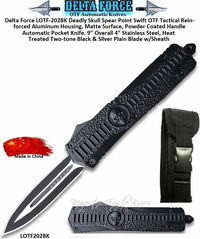 Delta Force LOTF202BK Deadly Skull Spear Point OTF Tactical Black Double Edged Dagger Reinforced Aluminum Housing, Powder Coated Comfort Grip Handle Automatic Pocket Knife. 9" Overall 4" Heat Treated Stainless Steel, Black & Silver Plain Blade w/Sheath Delta Force LOTF202BK Deadly Skull Spear Point OTF Tactical Black Double Edged Dagger Reinforced Aluminum Housing, Powder Coated Comfort Grip Handle Automatic Pocket Knife. 9" Overall 4" Heat Treated Stainless Steel, Black & Silver Plain Blade w/Sheath
