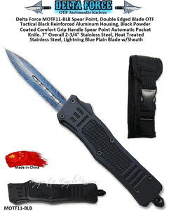 Delta Force MOTF11-BLB Spear Point, Double Edged Blade OTF Tactical Black Reinforced Aluminum Housing, Powder Coated Comfort Grip Handle Automatic Pocket Knife. 7" Overall 2-3/4" Heat Treated Stainless Steel, Lightning Blue Plain Blade w/Sheath