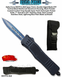 Delta Force MOTF11-BLB Spear Point, Double Edged Blade OTF Tactical Black Reinforced Aluminum Housing, Powder Coated Comfort Grip Handle Automatic Pocket Knife. 7" Overall 2-3/4" Heat Treated Stainless Steel, Lightning Blue Plain Blade w/Sheath Delta Force MOTF11-BLB Spear Point, Double Edged Blade OTF Tactical Black Reinforced Aluminum Housing, Powder Coated Comfort Grip Handle Automatic Pocket Knife. 7" Overall 2-3/4" Heat Treated Stainless Steel, Lightning Blue Plain Blade w/Sheath