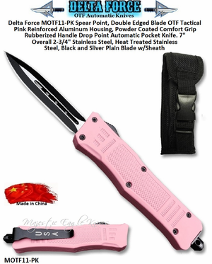 Delta Force MOTF11-PK Pink Legacy Spear Point, Double Edged Blade OTF Tactical Pink Reinforced Aluminum Housing, Powder Coated Comfort Grip Handle Automatic Pocket Knife. 7" Overall 2-3/4" Heat Treated Stainless Steel, Silver/Black Plain Blade w/Sheath Delta Force MOTF11-PK Pink Legacy Spear Point, Double Edged Blade OTF Tactical Pink Reinforced Aluminum Housing, Powder Coated Comfort Grip Handle Automatic Pocket Knife. 7" Overall 2-3/4" Heat Treated Stainless Steel, Silver/Black Plain Blade w/Sheath