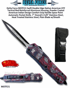 Delta Force MOTF21 Swift Double Edge Native American Mid-size Spear Point, Double Edged Blade OTF Tactical Reinforced Aluminum Housing, Powder Coated Comfort Grip Handle Automatic Pocket Knife. 7" Overall 2-5/8" Heat Treated Stainless Steel, Silver/Black Plain Blade w/Sheath