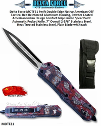 Delta Force MOTF21 Swift Double Edge Native American Mid-size Spear Point, Double Edged Blade OTF Tactical Reinforced Aluminum Housing, Powder Coated Comfort Grip Handle Automatic Pocket Knife. 7" Overall 2-5/8" Heat Treated Stainless Steel, Silver/Black Plain Blade w/Sheath Delta Force MOTF21 Swift Double Edge Native American Mid-size Spear Point, Double Edged Blade OTF Tactical Reinforced Aluminum Housing, Powder Coated Comfort Grip Handle Automatic Pocket Knife. 7" Overall 2-5/8" Heat Treated Stainless Steel, Silver/Black Plain Blade w/Sheath