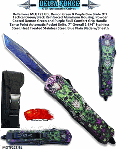 Delta Force MOTF22TJBL Demon Green, Purple, & Blue Tanto Point, Double Edged Blade OTF Tactical Reinforced Aluminum Housing, Powder Coated Comfort Grip Handle Automatic Pocket Knife. 7" Overall 2-3/4" Heat Treated Stainless Steel, Blue Plain Blade w/Sheath