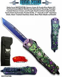 Delta Force MOTF22TJBL Demon Green, Purple, & Blue Tanto Point, Double Edged Blade OTF Tactical Reinforced Aluminum Housing, Powder Coated Comfort Grip Handle Automatic Pocket Knife. 7" Overall 2-3/4" Heat Treated Stainless Steel, Blue Plain Blade w/Sheath Delta Force MOTF22TJBL Demon Green, Purple, & Blue Tanto Point, Double Edged Blade OTF Tactical Reinforced Aluminum Housing, Powder Coated Comfort Grip Handle Automatic Pocket Knife. 7" Overall 2-3/4" Heat Treated Stainless Steel, Blue Plain Blade w/Sheath