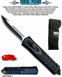 Delta Force MOTFM40-2 Medium OTF Carbon Fiber Black Edge Drop Point, Blade Tactical Reinforced Aluminum Housing, Powder Coated Comfort Grip Handle Automatic Pocket Knife. 7" Overall 2-3/4" Heat Treated Stainless Steel, Silver/Black Plain Blade w/Sheath Delta Force MOTFM40-2 Medium OTF Carbon Fiber Black Edge Drop Point, Blade Tactical Reinforced Aluminum Housing, Powder Coated Comfort Grip Handle Automatic Pocket Knife. 7" Overall 2-3/4" Heat Treated Stainless Steel, Silver/Black Plain Blade w/Sheath