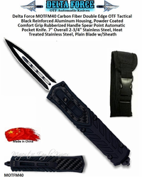 Delta Force MOTFM40 Medium OTF Carbon Fiber Black Double Edge Spear Point, Blade Tactical Reinforced Aluminum Housing, Powder Coated Comfort Grip Handle Automatic Pocket Knife. 7" Overall 2-3/4" Heat Treated Stainless Steel, Silver/Black Plain Blade w/Sheath Delta Force MOTFM40 Medium OTF Carbon Fiber Black Double Edge Spear Point, Blade Tactical Reinforced Aluminum Housing, Powder Coated Comfort Grip Handle Automatic Pocket Knife. 7" Overall 2-3/4" Heat Treated Stainless Steel, Silver/Black Plain Blade w/Sheath