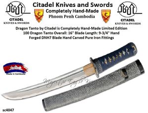 Dragon Tanto by Citadel is Completely Hand-Made Limited Edition 100 Dragon Tanto Overall: 16" Blade Length: 10" Hand Forged DNH7 Blade Hand Carved Pure Iron Fittings
