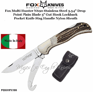 Fox Knives FOX01FX180 Fox Multi Hunter Lockback Pocket Knife N690 Stainless Steel Blade Stag Handle