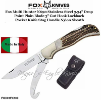 Fox Knives FOX01FX180 Fox Multi Hunter Lockback Pocket Knife N690 Stainless Steel Blade Stag Handle