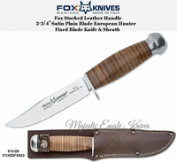 Fox Knives FOX02FX043 610-09 Stacked Leather Handle 3-3/4" Satin Plain Blade European Hunter Fixed Blade Knife & Sheath