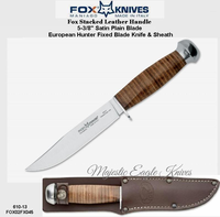 Fox Knives FOX02FX045 610-13 Staked Leather Handle 5-3/8" Satin Plain Blade European Hunter Fixed Blade Knife & Sheath