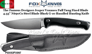 Fox Knives FOX02FX097 Fox Jesper Voxnaes TUR Fixed 4.33" Plain Blade, Black G10 Handles, Black Leather Sheath