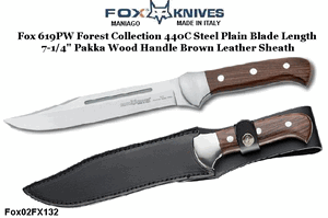 Fox Knives FOX02FX132 Fox Knives Forest Collection Features 440C Stainless Steel Satin Finish Drop Point Plain Blade Length: 7.25" Overall Length: 12.5" Pakka Wood Handles