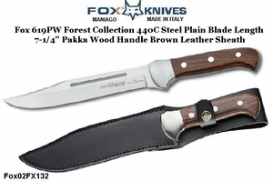 Fox Knives FOX02FX132 Fox Knives Forest Collection Features 440C Stainless Steel Satin Finish Drop Point Plain Blade Length: 7.25" Overall Length: 12.5" Pakka Wood Handles